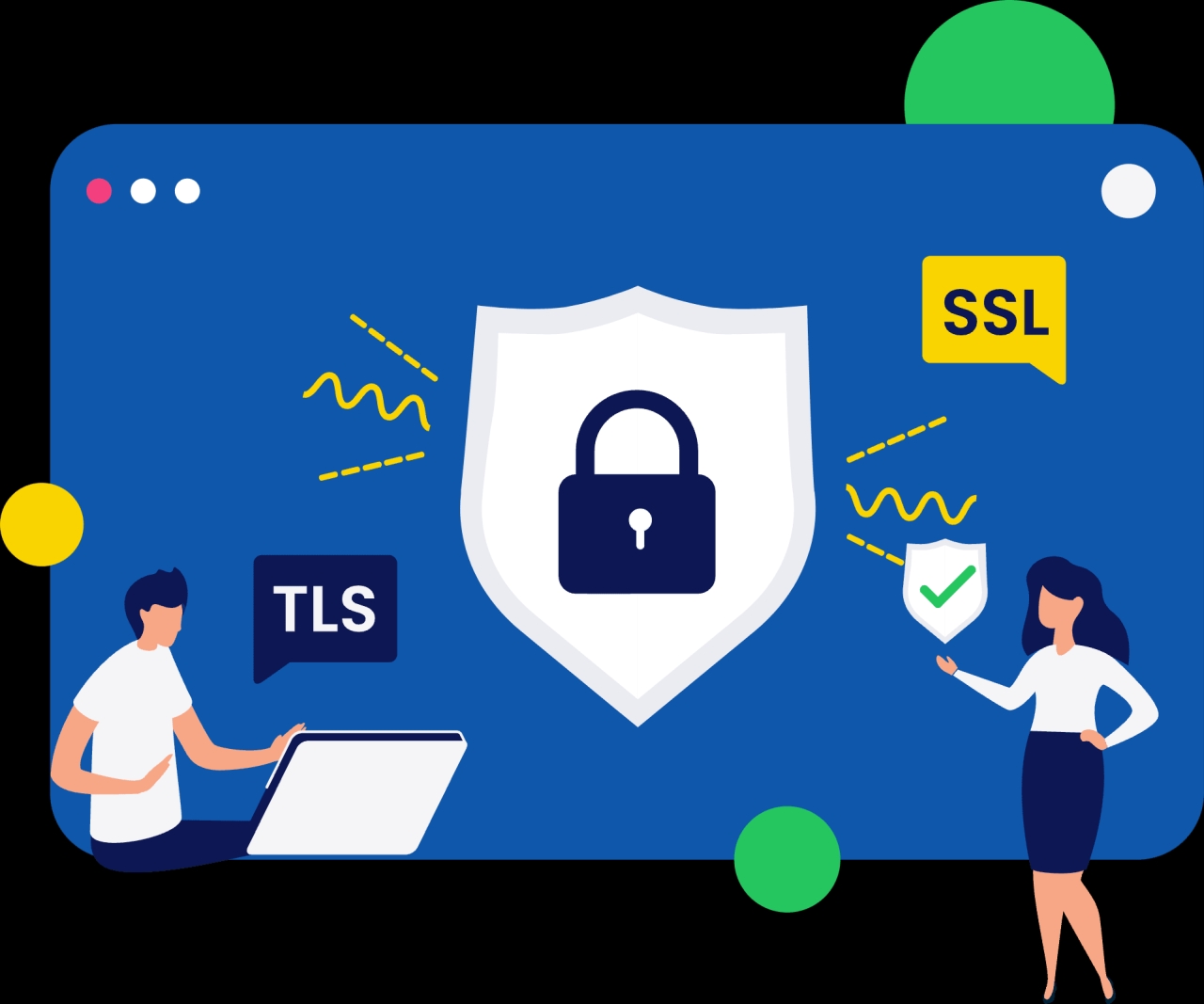 Illustration of a digital security representation featuring a large shield with a lock, symbolizing SSL and TLS encryption. On the left, a person sits with a laptop next to a "TLS" icon, and on the right, a woman points to a small shield with a checkmark. Yellow and green graphical elements complete the design.